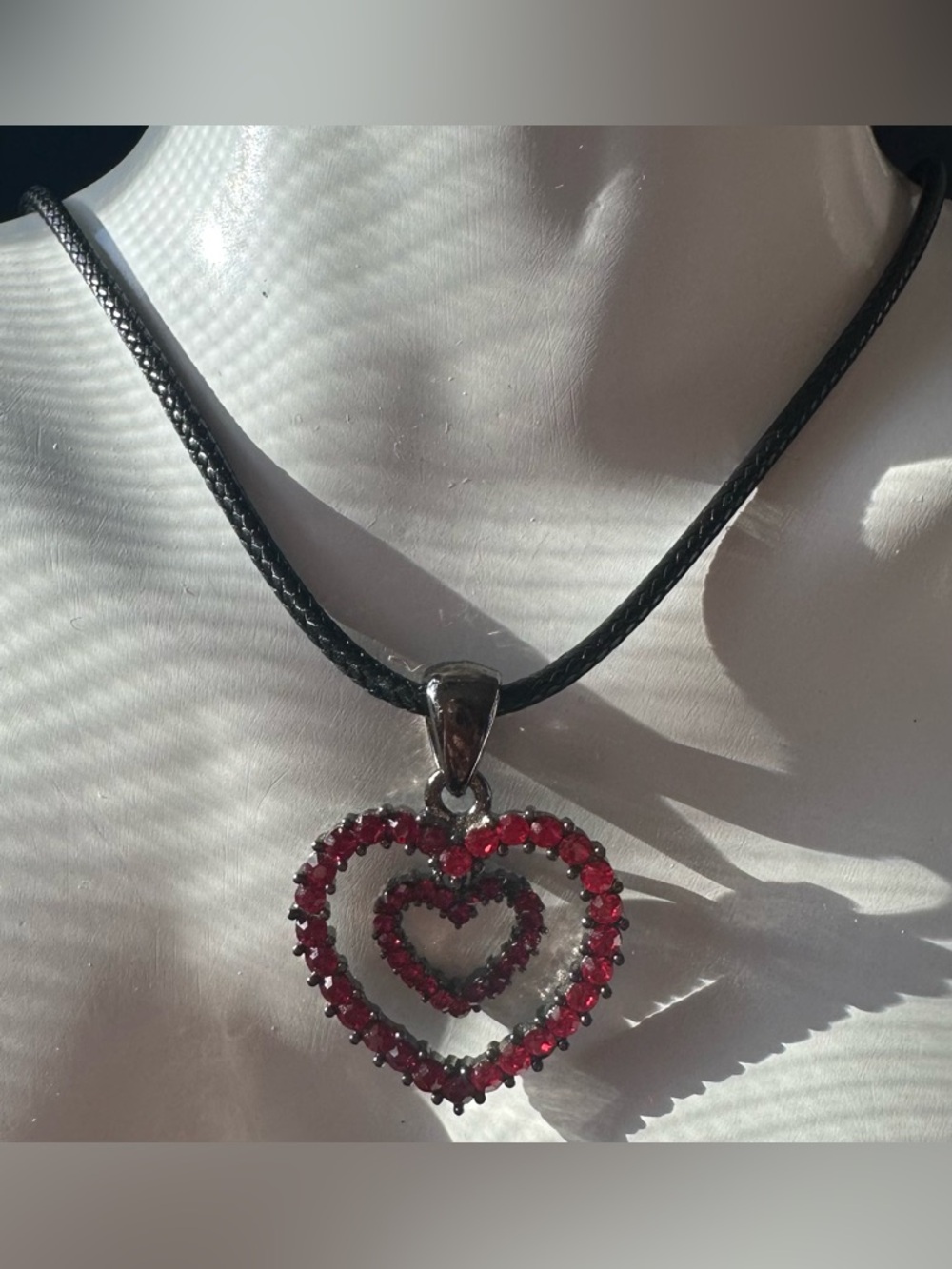 Double Heart in-Heart Red Rhinestone Pendant with A Black Cord Necklace